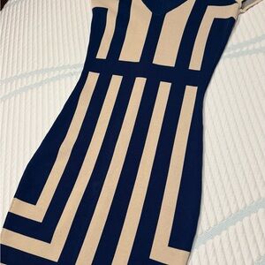 Eva Longoria Navy and Beige Geometric Dress